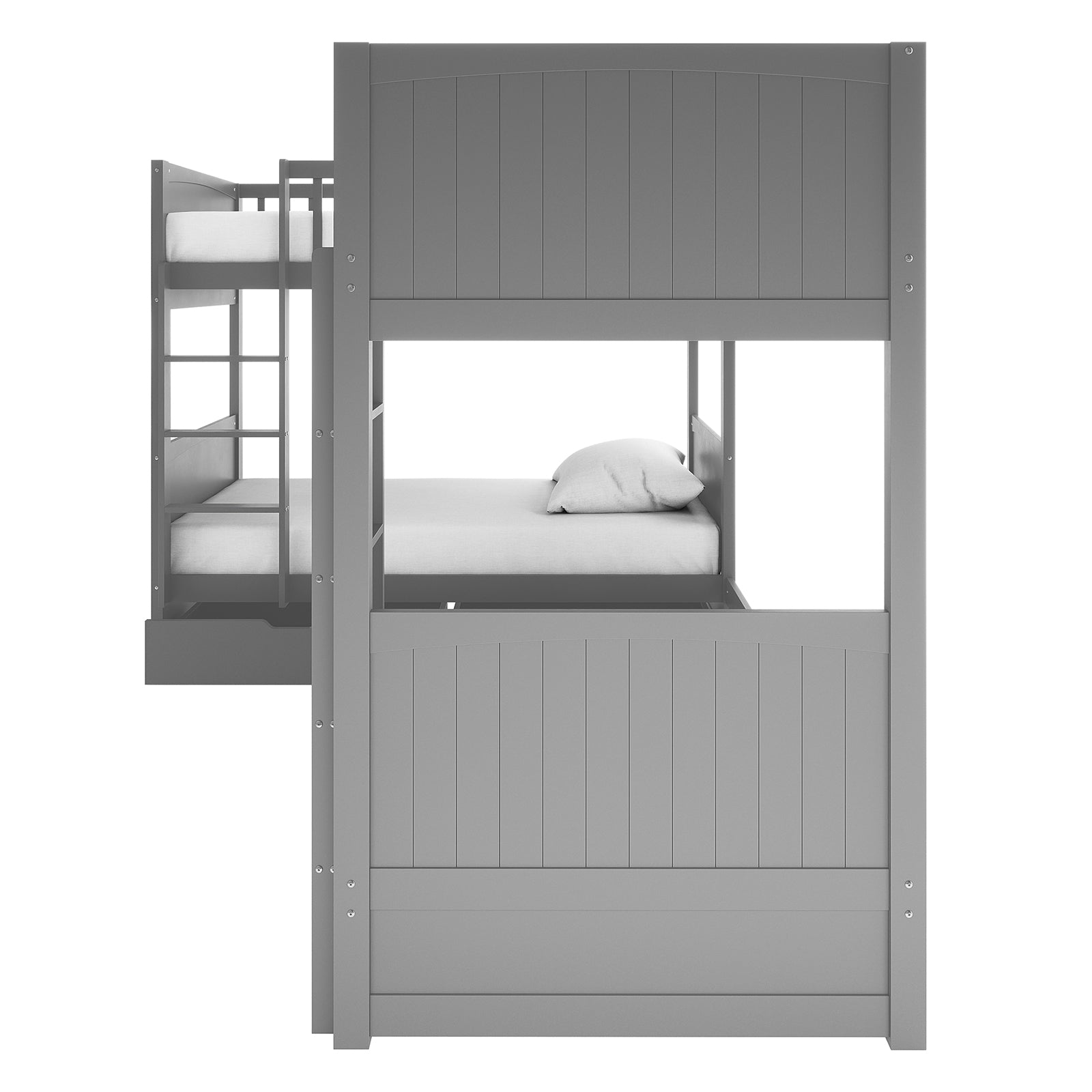 Lucy Triple Bunk Bed with Thermis Mattress Package: showcases an L-shaped corner bunk design with stacked single beds and a lofted bed, ideal for maximizing space in kids' rooms.
