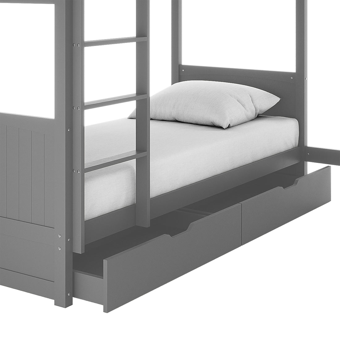 Lucy Triple Bunk Bed with Thermis Mattress Package features a solid pine corner design, showcasing two stacked single beds and a lofted single bed, perfect for space-saving in children's bedrooms.