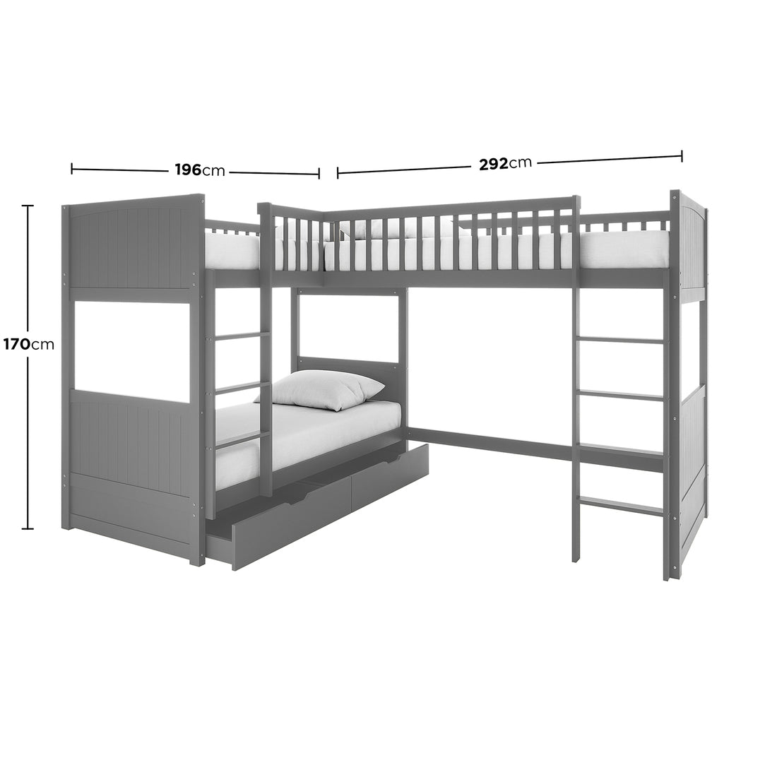 Close-up of the Lucy Triple Bunk Bed with Thermis Mattress Package, showcasing an L-shaped design with triple bunk arrangement, solid pine construction, and spacious loft area for added functionality.