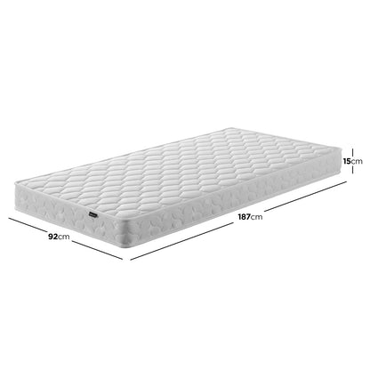 Lucy Triple Bunk Bed with Thermis Mattress Package showcasing a white mattress with a distinct black line and precise size measurements, highlighting its space-saving corner design and sturdy build for kids' bedrooms.