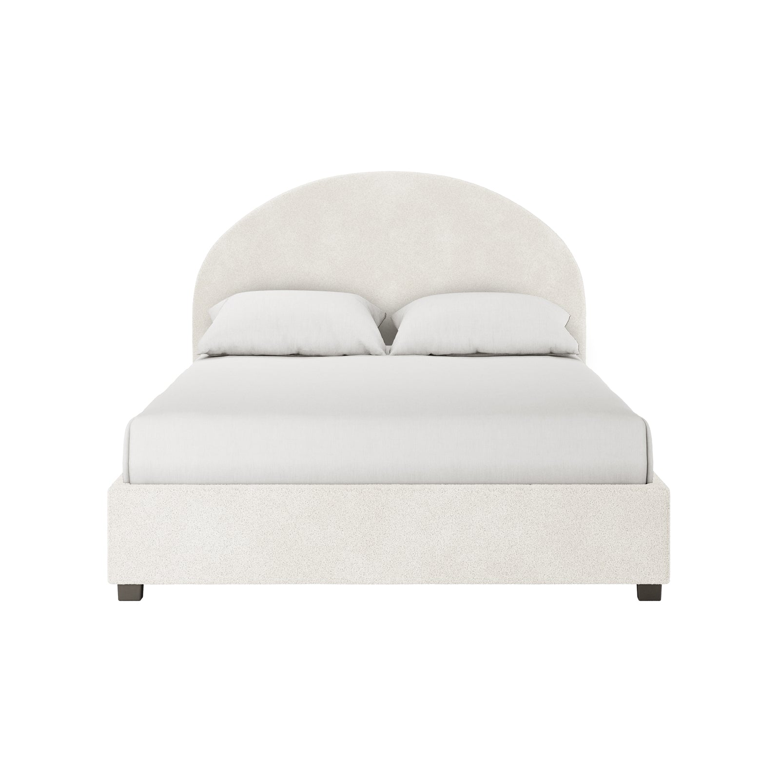Lunia Double Bouclé Bed Frame with Gas Lift Storage in Cream White features a modern low platform, arched headboard, and fitted mattress, showcasing both style and practical under-bed storage.