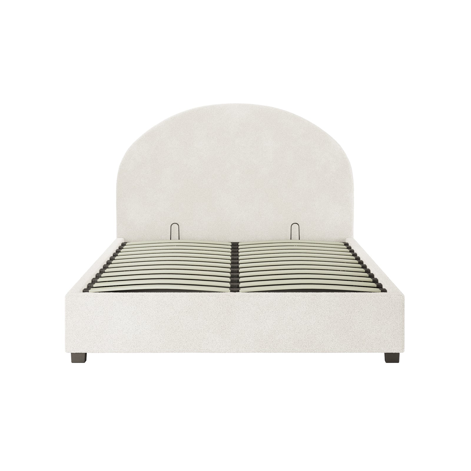 Lunia Double Bouclé Bed Frame with Gas Lift Storage features a gently arched headboard, sprung wood slats, and cream white bouclé upholstery, sitting on short wooden feet, offering elegance and practicality.