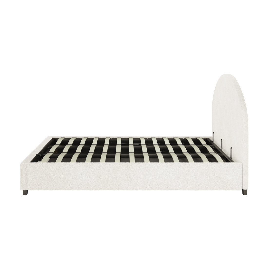 Lunia King Bouclé Bed Frame with Gas Lift Storage, featuring a low-profile design, light fabric upholstery, rounded headboard, and slatted support system, highlighting its modern elegance and practical storage solution.