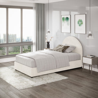 Lunia King Single Bouclé Bed Frame with Gas Lift Storage in cream white, featuring elegant bouclé upholstery, a rounded headboard, and positioned in a modern bedroom with pendant lights and botanical prints.