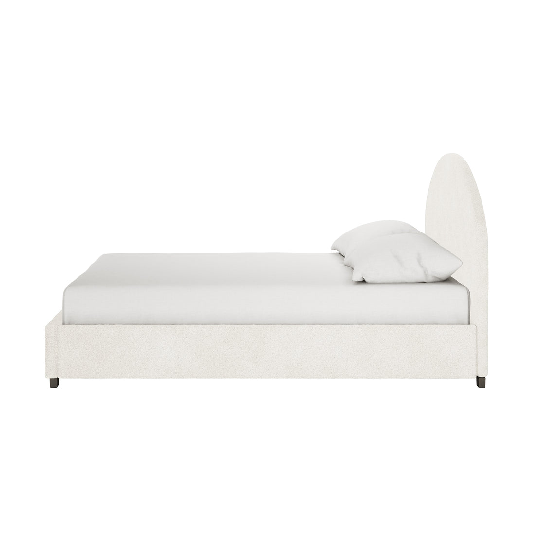 Lunia Queen Bouclé Bed Frame with Gas Lift Storage, showcasing a minimalist, low-profile design with an arched headboard in off-white bouclé fabric, featuring visible side-view elegance and functionality.