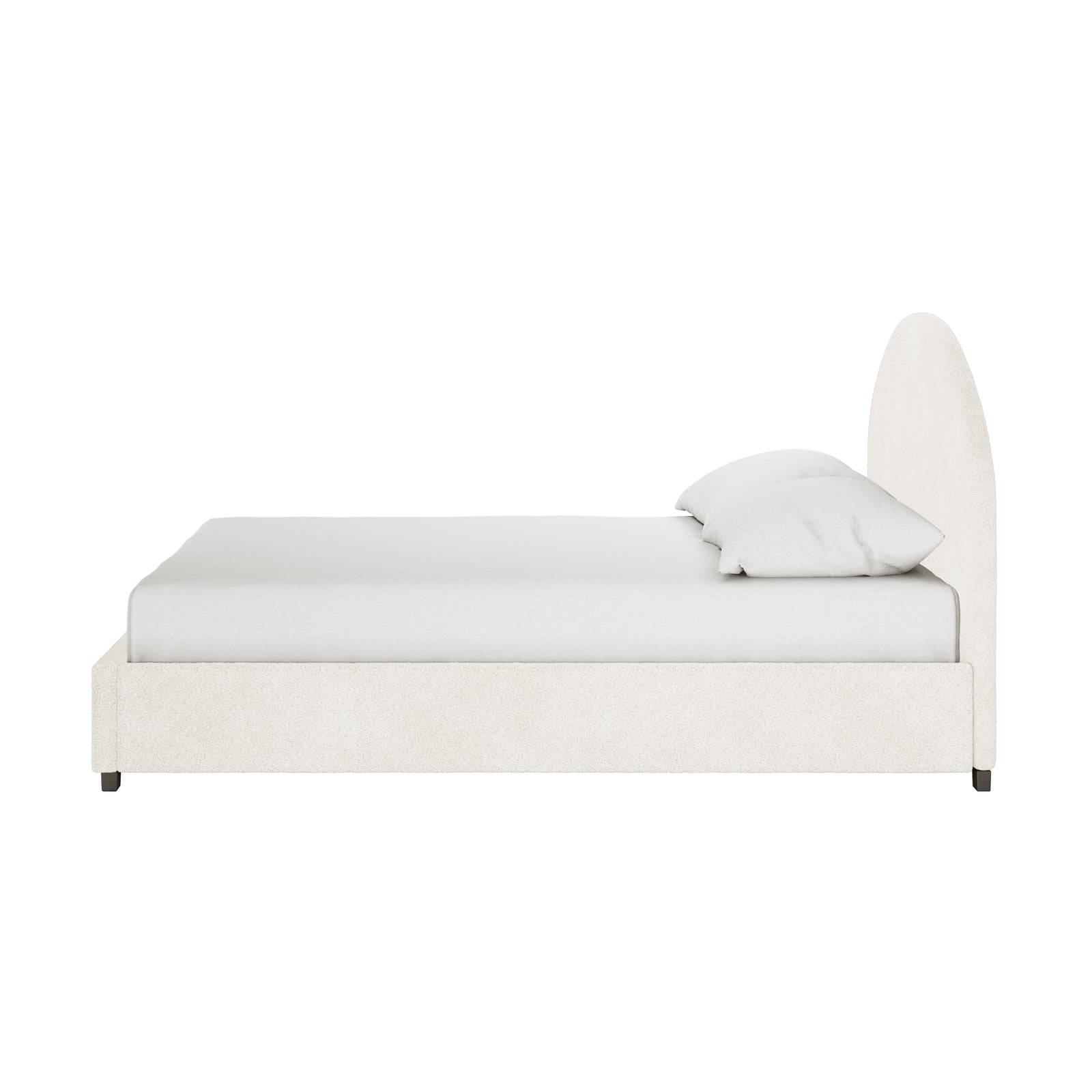 Lunia Queen Bouclé Bed Frame with Gas Lift Storage, showcasing a minimalist, low-profile design with an arched headboard in off-white bouclé fabric, featuring visible side-view elegance and functionality.