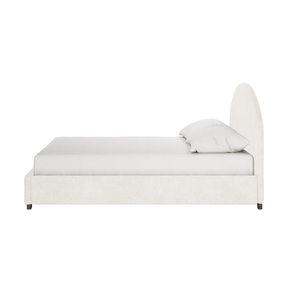 Lunia Queen Bouclé Bed Frame with Gas Lift Storage, showcasing a minimalist, low-profile design with an arched headboard in off-white bouclé fabric, featuring visible side-view elegance and functionality.
