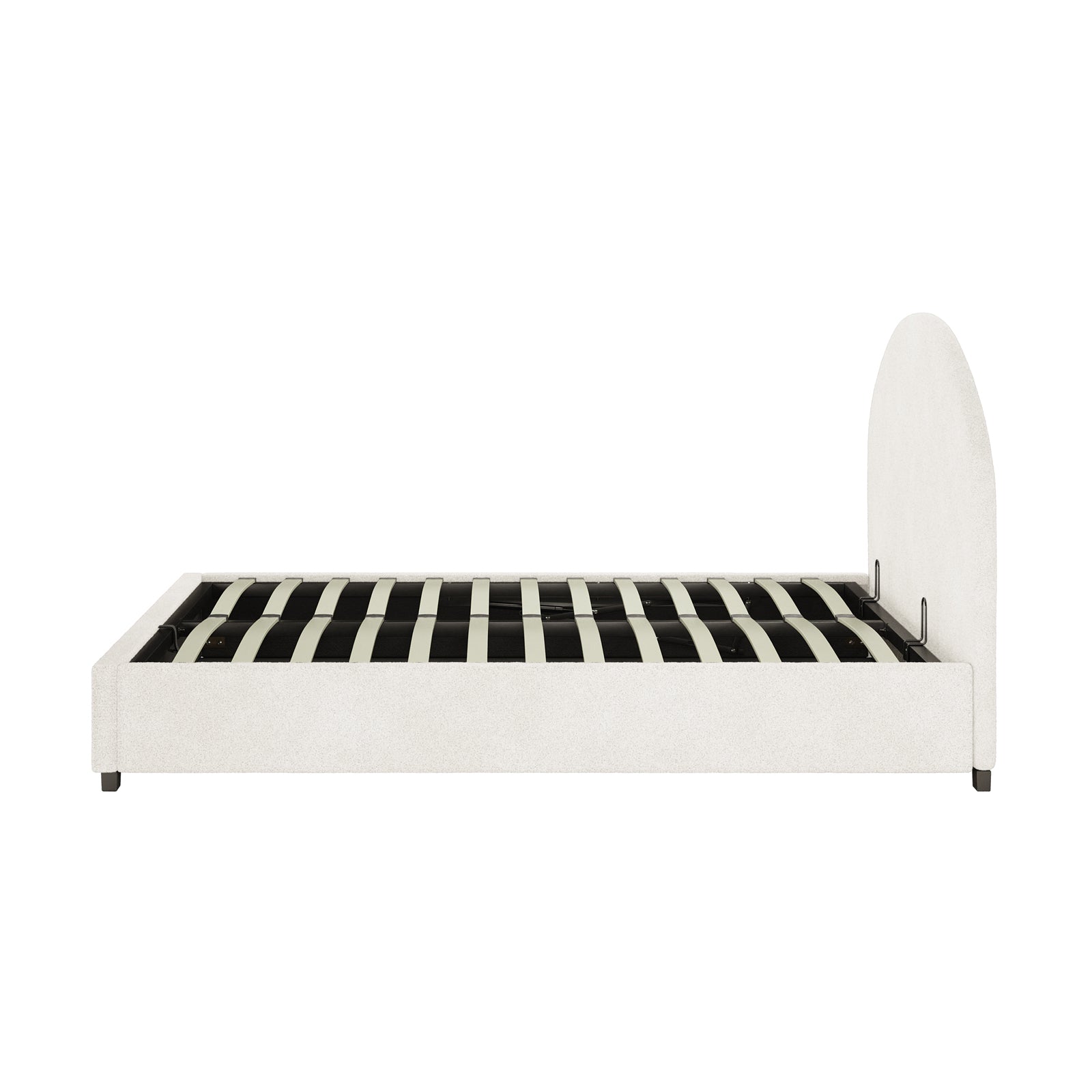 Lunia Queen Bouclé Bed Frame with Gas Lift Storage features a light-neutral upholstered design, rounded headboard, straight side rails, footboard, and slatted metal support frame, showcasing modern simplicity against a white background.