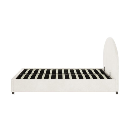 Lunia Queen Bouclé Bed Frame with Gas Lift Storage features a light-neutral upholstered design, rounded headboard, straight side rails, footboard, and slatted metal support frame, showcasing modern simplicity against a white background.
