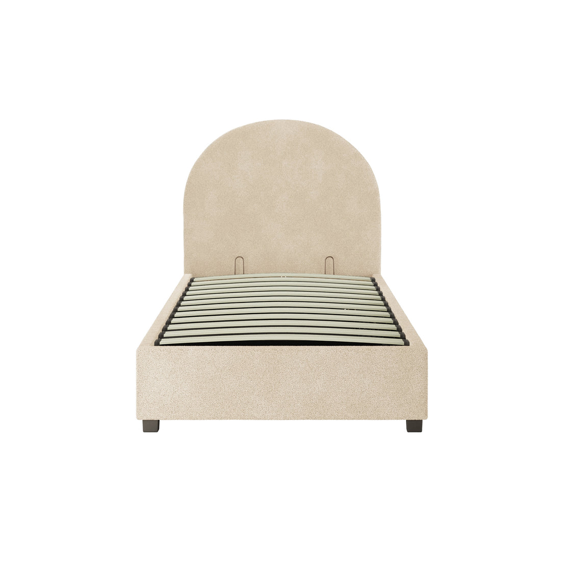 Lunia Single Bouclé Gas Lift Bed Frame in Cream Beige featuring a gently arched headboard, horizontal slats for support, boucle-style upholstery, and short dark legs, showcasing elegant and functional bedroom storage.