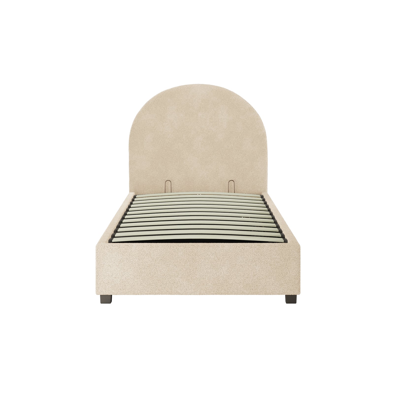 Lunia Single Bouclé Gas Lift Bed Frame in Cream Beige featuring a gently arched headboard, horizontal slats for support, boucle-style upholstery, and short dark legs, showcasing elegant and functional bedroom storage.