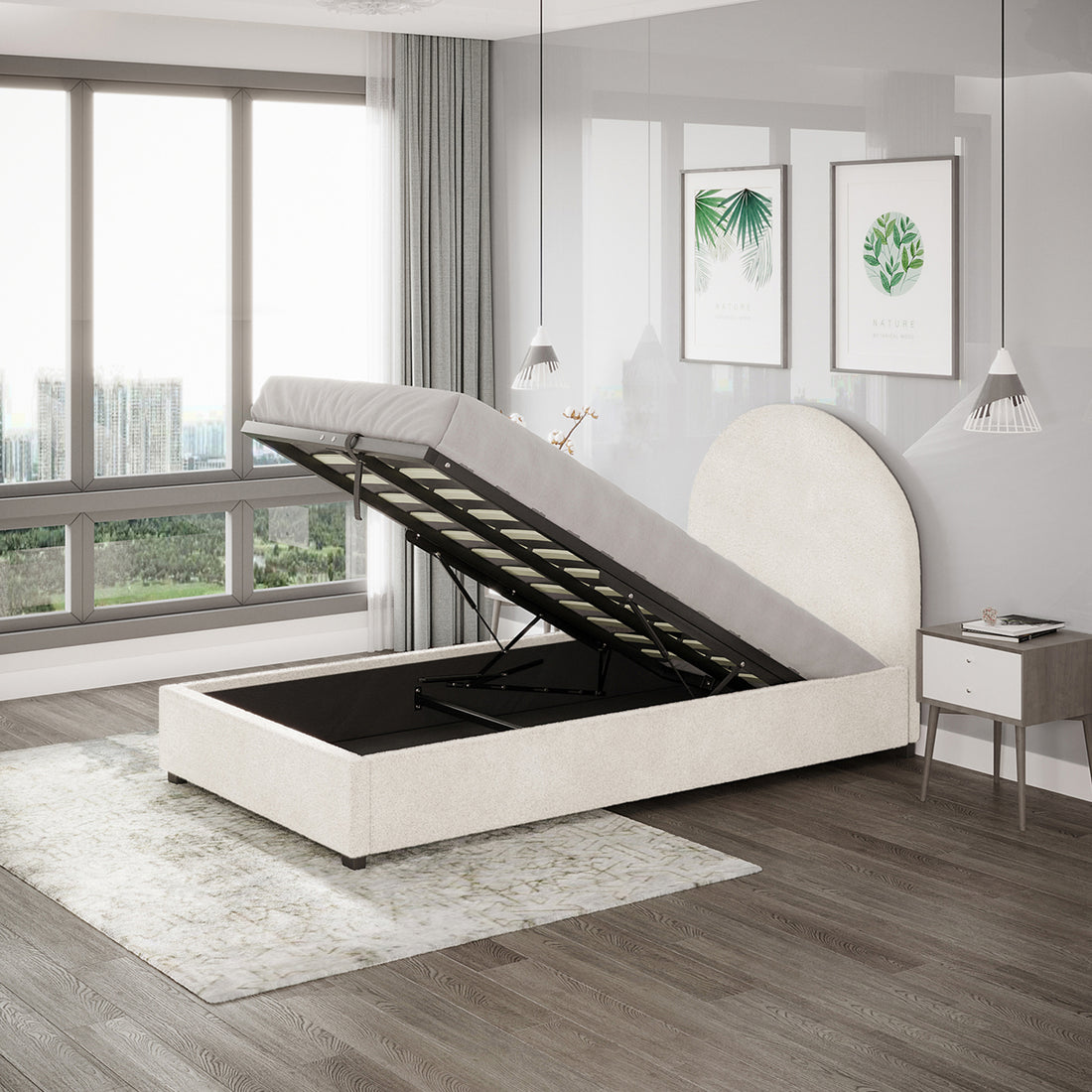Lunia Single Bouclé Bed Frame with Gas Lift Storage – Cream White, featuring a lift-up upholstered platform revealing large storage, arched headboard, and elegant setting with pendant lights and botanical prints.