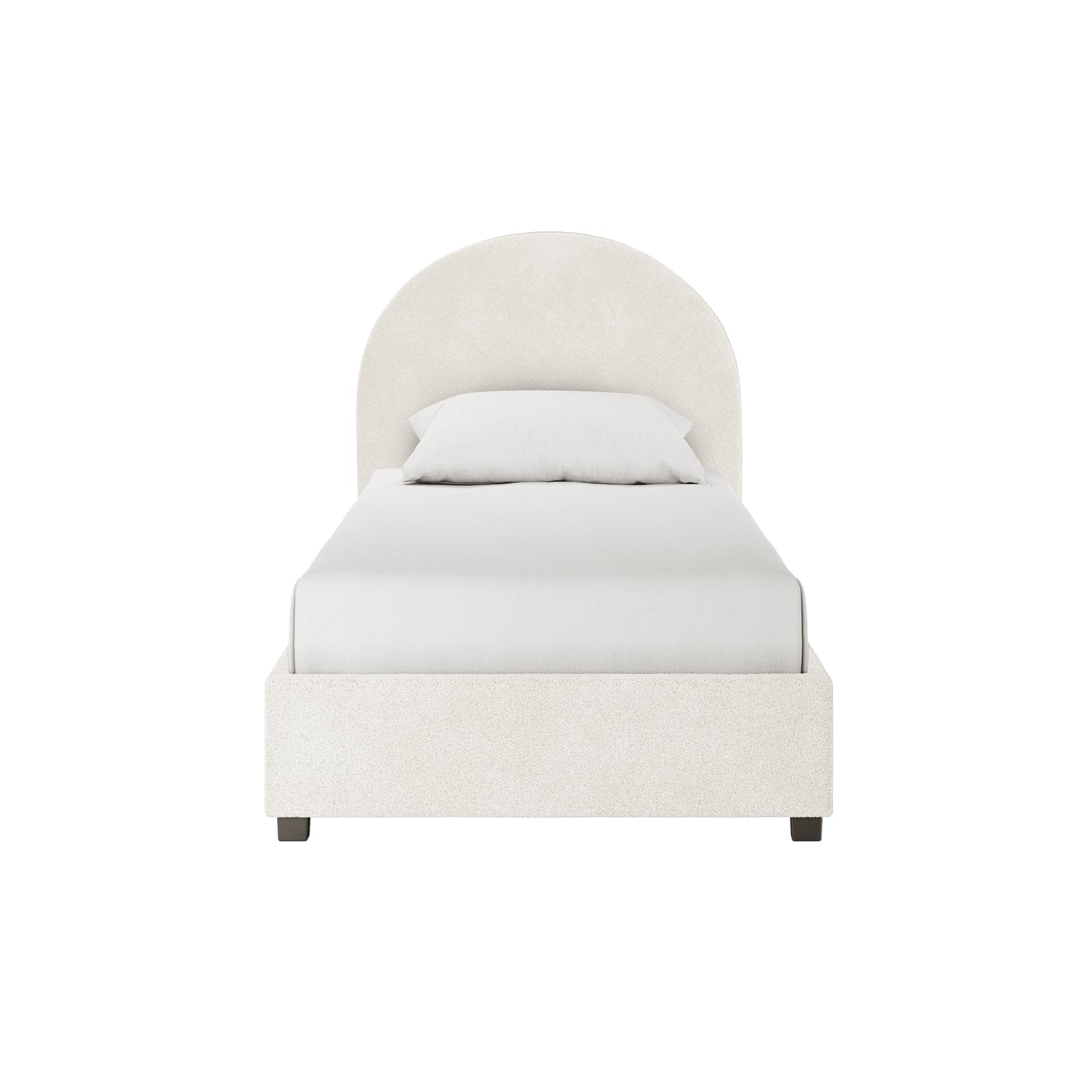 Lunia Single Bouclé Bed Frame with Gas Lift Storage – Cream White, featuring a softly curved upholstered headboard and base in a cream fabric, with light-colored bedding, ideal for compact, elegant bedrooms.