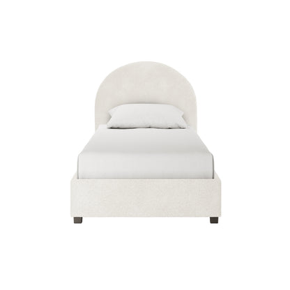 Lunia Single Bouclé Bed Frame with Gas Lift Storage – Cream White, featuring a softly curved upholstered headboard and base in a cream fabric, with light-colored bedding, ideal for compact, elegant bedrooms.