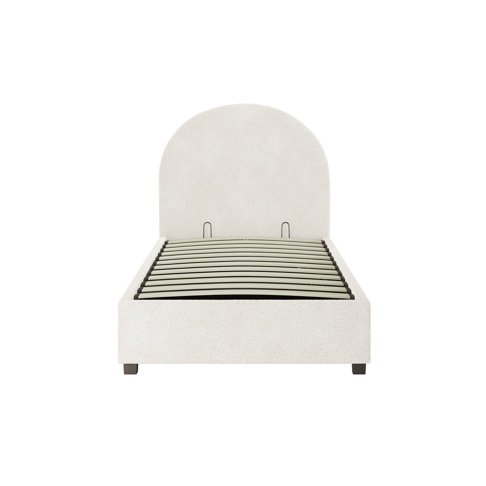 Lunia Single Bouclé Bed Frame with Gas Lift Storage in Cream White features a tall arched headboard, low footboard, and block legs. Wooden slats and black metal rails support this elegant, textured fabric bed frame.