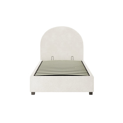 Lunia Single Bouclé Bed Frame with Gas Lift Storage in Cream White features a tall arched headboard, low footboard, and block legs. Wooden slats and black metal rails support this elegant, textured fabric bed frame.
