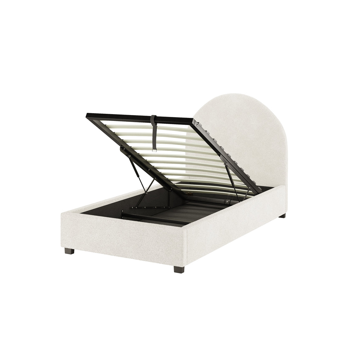Lunia Single Bouclé Bed Frame with Gas Lift Storage features an arched headboard, light fabric, short block legs, and a propped-open slatted mattress support revealing spacious under-bed storage.