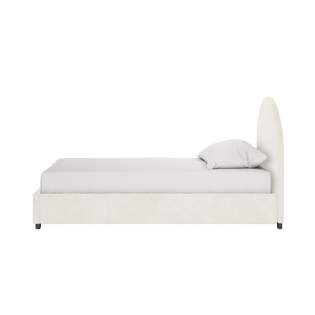 Lunia Single Bouclé Bed Frame with Gas Lift Storage – Cream White; minimalist design, off-white fabric, low base, tall rounded headboard, matching mattress and pillow, rests on dark feet.