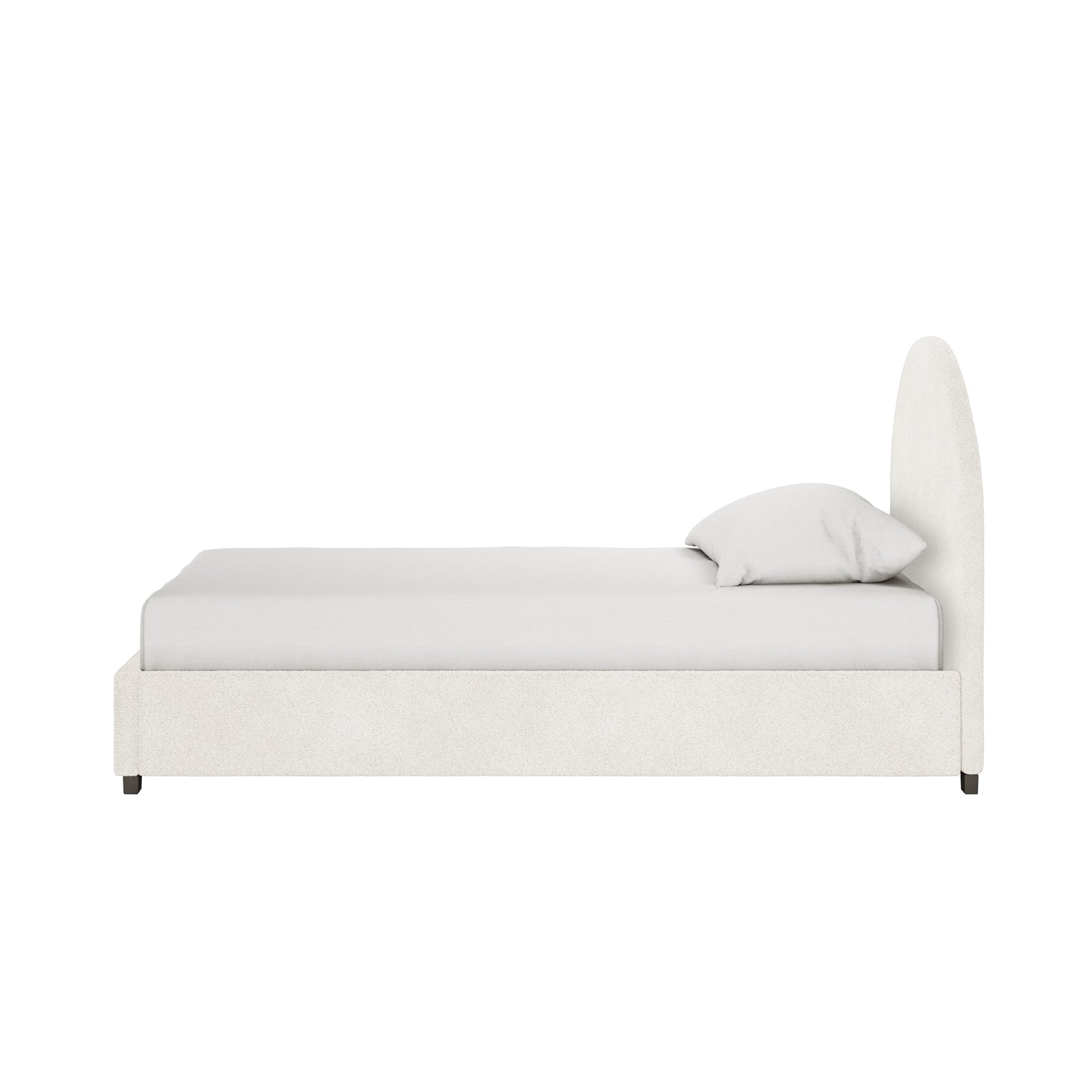 Lunia Single Bouclé Bed Frame with Gas Lift Storage – Cream White; minimalist design, off-white fabric, low base, tall rounded headboard, matching mattress and pillow, rests on dark feet.