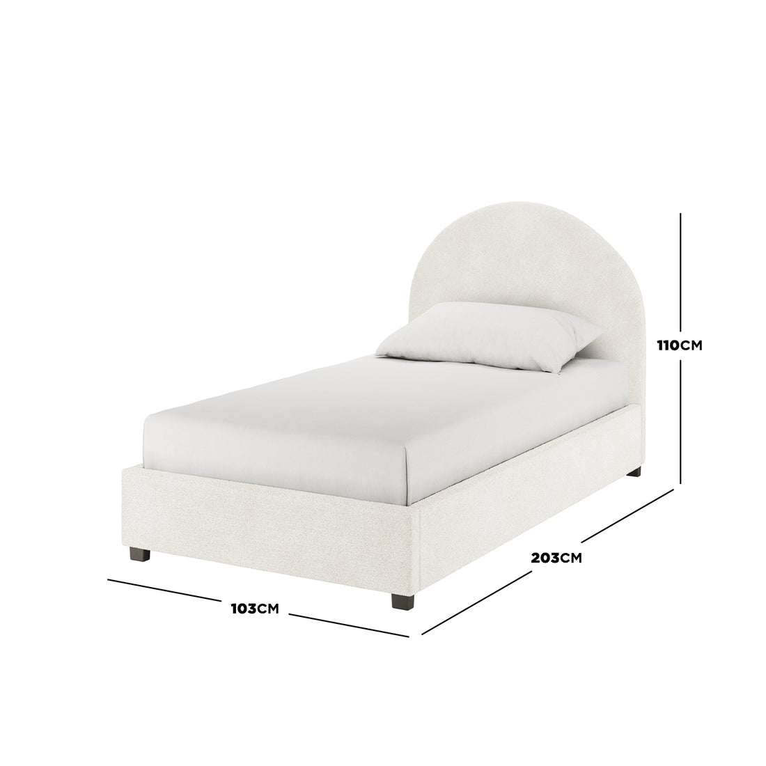 Lunia Single Bouclé Bed Frame with Gas Lift Storage – Cream White, featuring a rounded headboard, upholstered in bouclé fabric, with dimension lines showing 103 cm width, 203 cm length, and 110 cm height.