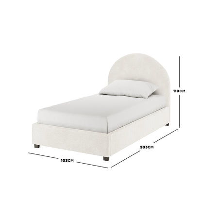 Lunia Single Bouclé Bed Frame with Gas Lift Storage – Cream White, featuring a rounded headboard, upholstered in bouclé fabric, with dimension lines showing 103 cm width, 203 cm length, and 110 cm height.