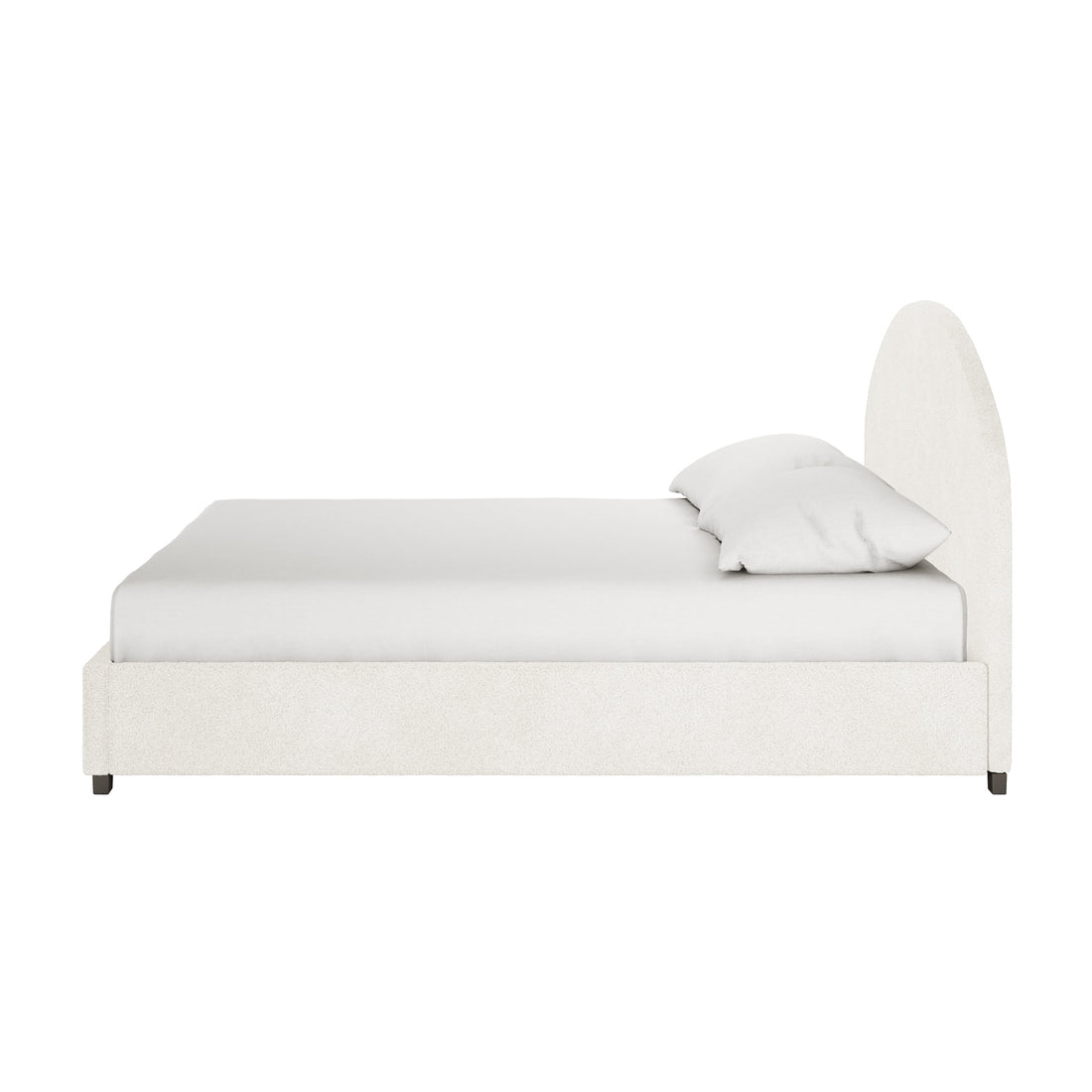 Lunia Super King Bouclé Bed Frame with Gas Lift Storage features a low-profile, off-white fabric, arched headboard, matching frame, and visible mattress, highlighting its modern elegance and practicality.