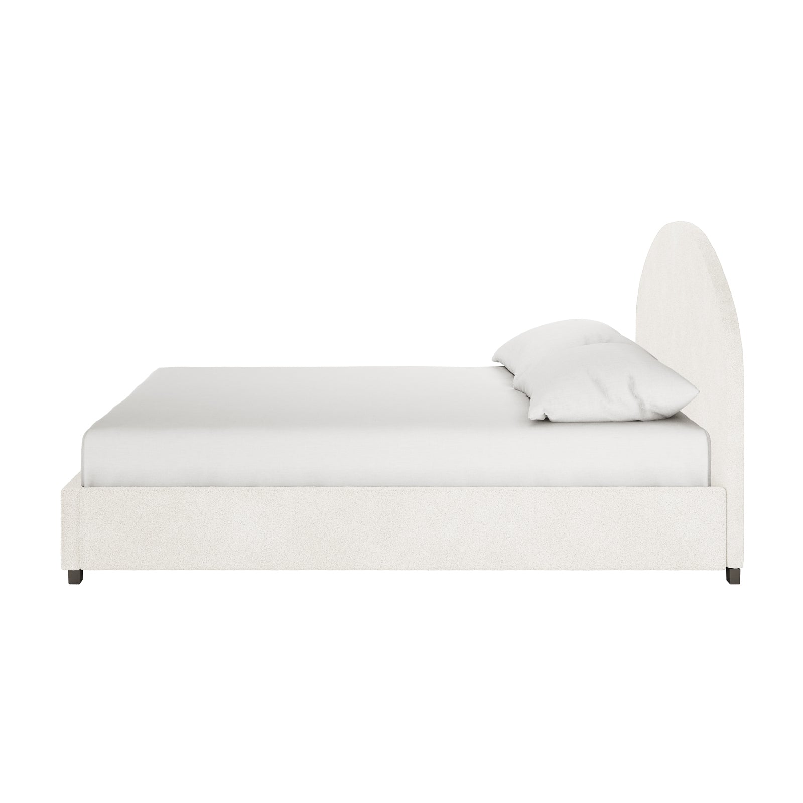 Lunia Super King Bouclé Bed Frame with Gas Lift Storage features a low-profile, off-white fabric, arched headboard, matching frame, and visible mattress, highlighting its modern elegance and practicality.