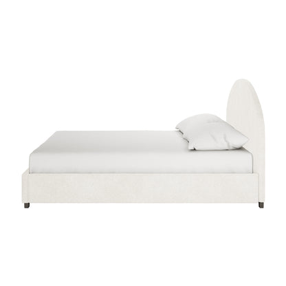 Lunia Super King Bouclé Bed Frame with Gas Lift Storage features a low-profile, off-white fabric, arched headboard, matching frame, and visible mattress, highlighting its modern elegance and practicality.