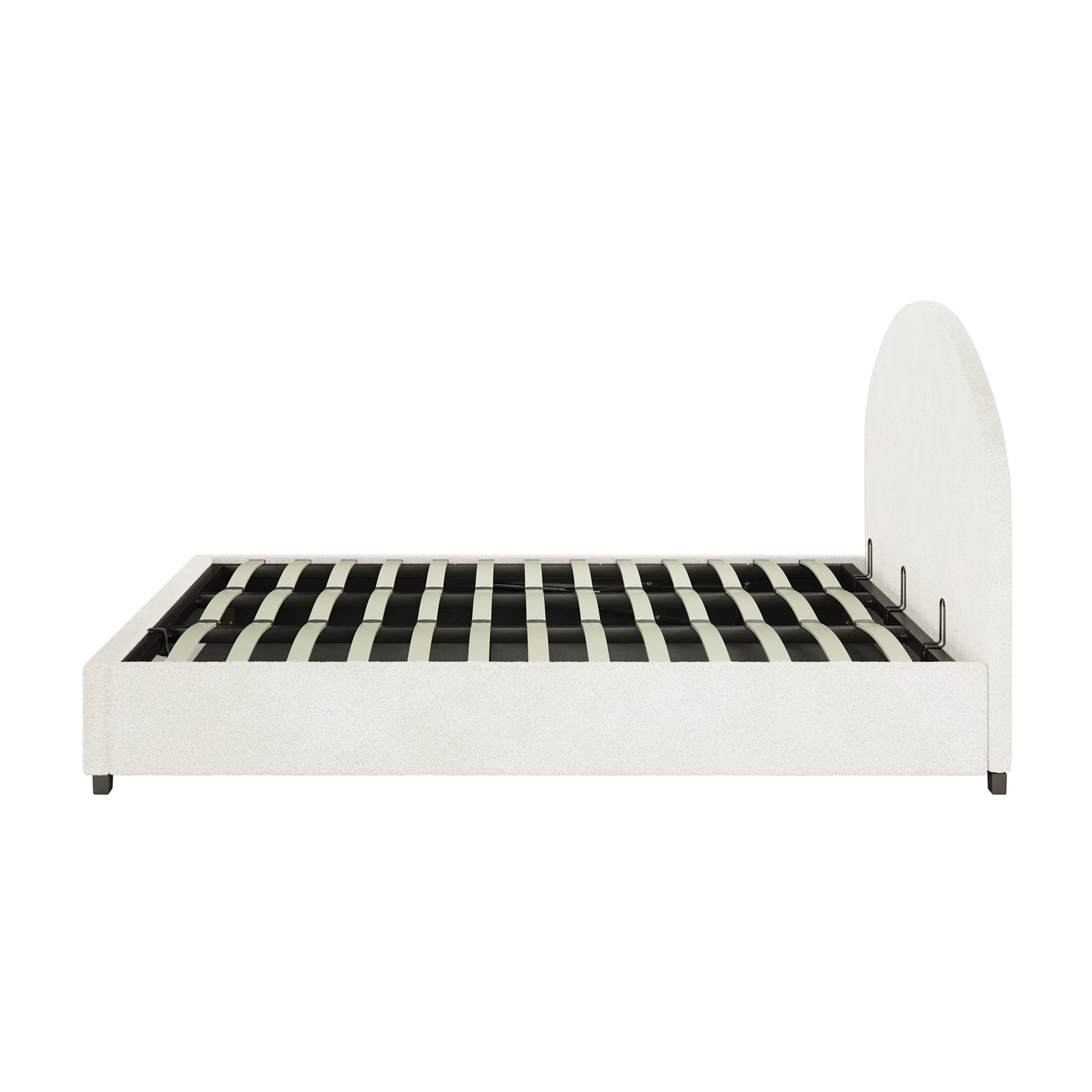 Lunia Super King Bouclé Bed Frame with Gas Lift Storage features an arched headboard and a grid of support slats, offering modern elegance and practical under-bed storage in a plush design.