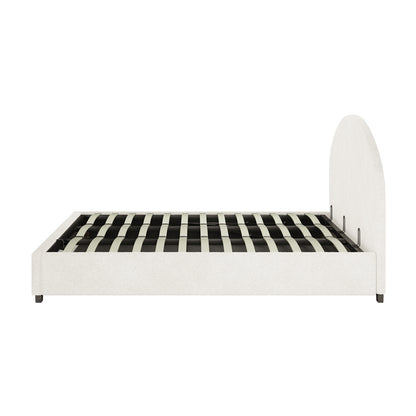 Lunia Super King Bouclé Bed Frame with Gas Lift Storage features an arched headboard and a grid of support slats, offering modern elegance and practical under-bed storage in a plush design.