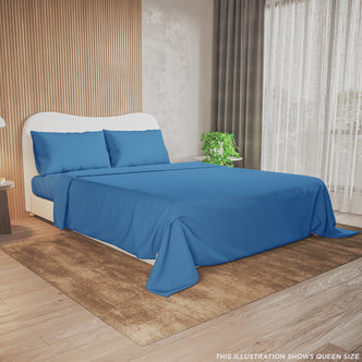 Illustration of a bedroom featuring the Valeria King 1000TC Ultra Soft Bed Sheet Set in Blue, displayed on a queen-size bed with a white headboard, complemented by a brown rug and wood-slat accent wall.