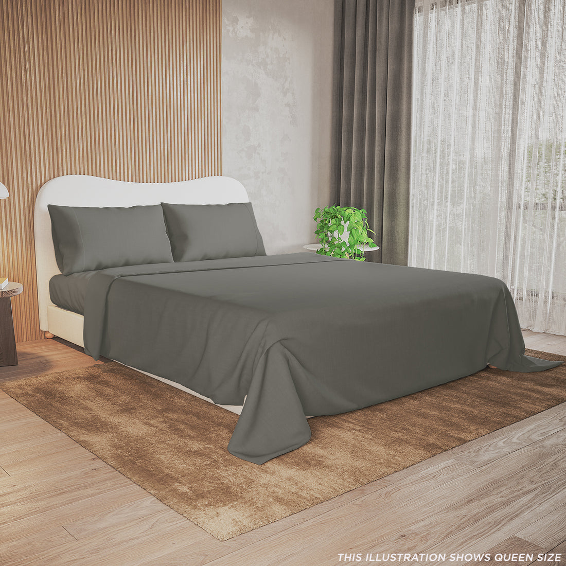 Valeria 1000TC Ultra Soft Bed Sheet Set King – Grey featuring a close-up of a neatly made bed with visible plush pillows, showcasing the luxurious texture and quality of the bedding.