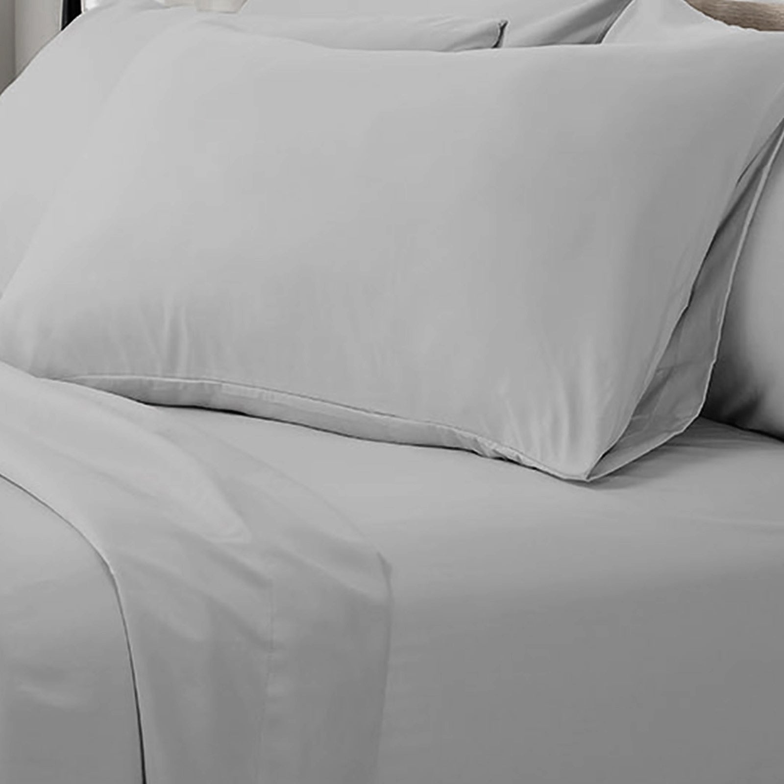 Valeria 1000TC Ultra Soft Bed Sheet Set King – Light Grey displayed on a bed, showcasing its smooth, premium fabric and complete bedding solution with a flat sheet, fitted sheet, and two pillowcases.