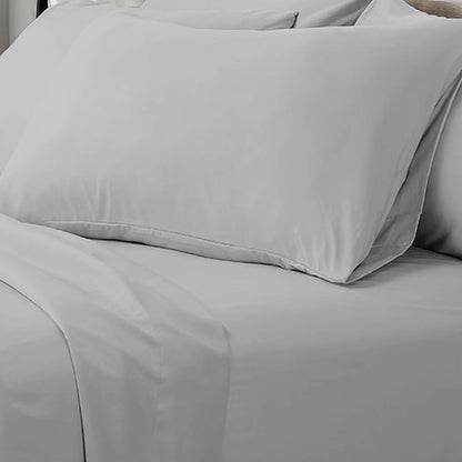 Valeria 1000TC Ultra Soft Bed Sheet Set King – Light Grey displayed on a bed, showcasing its smooth, premium fabric and complete bedding solution with a flat sheet, fitted sheet, and two pillowcases.