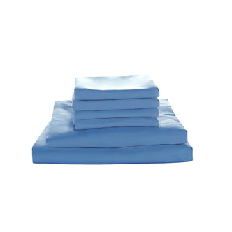 Valeria King Single 1000TC Ultra Soft Bed Sheet Set in Blue, featuring a neatly stacked fitted sheet, flat sheet, and several matching pillowcases, showcasing its luxury and comfort for king single beds.