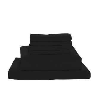 Valeria 1000TC Ultra Soft Bed Sheet Set Queen – Black displayed as a neatly stacked set of smooth, high-thread-count sheets, highlighting its luxurious texture and classic elegance.