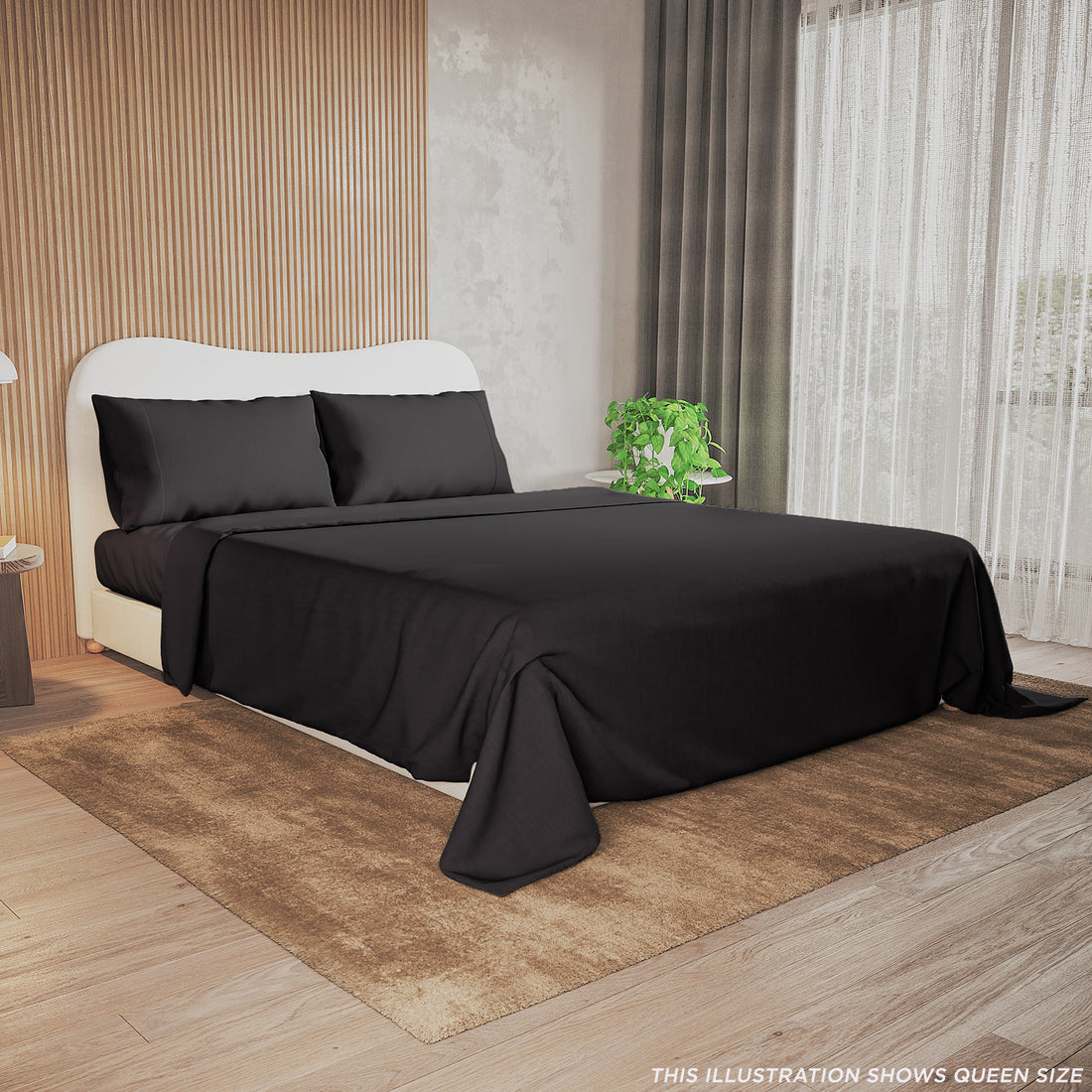 Valeria 1000TC Ultra Soft Bed Sheet Set Queen – Black displayed on a bed, showcasing its smooth texture and luxurious appearance, with a plant in the background enhancing the elegant bedroom setting.