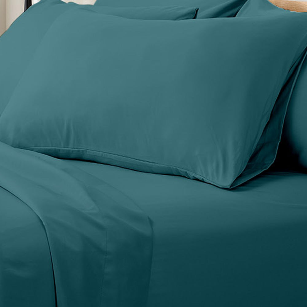 Valeria 1000TC Ultra Soft Bed Sheet Set - Moroccan Blue Single, featuring a neatly made bed with a fitted sheet, flat sheet, and two pillowcases, showcasing luxurious, ultra-soft fabric.