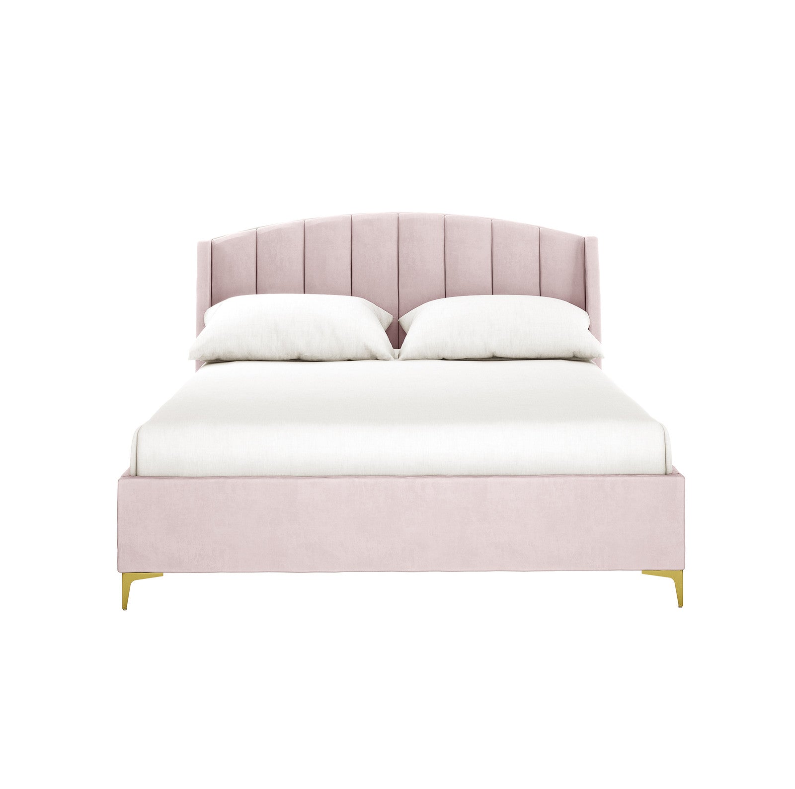 Lyra Velvet Bed Frame with Winged Headboard - Soft Pink Double features a blush-pink channel-stitched headboard, matching fabric frame, white bedding, and gold-tone legs against a white background.