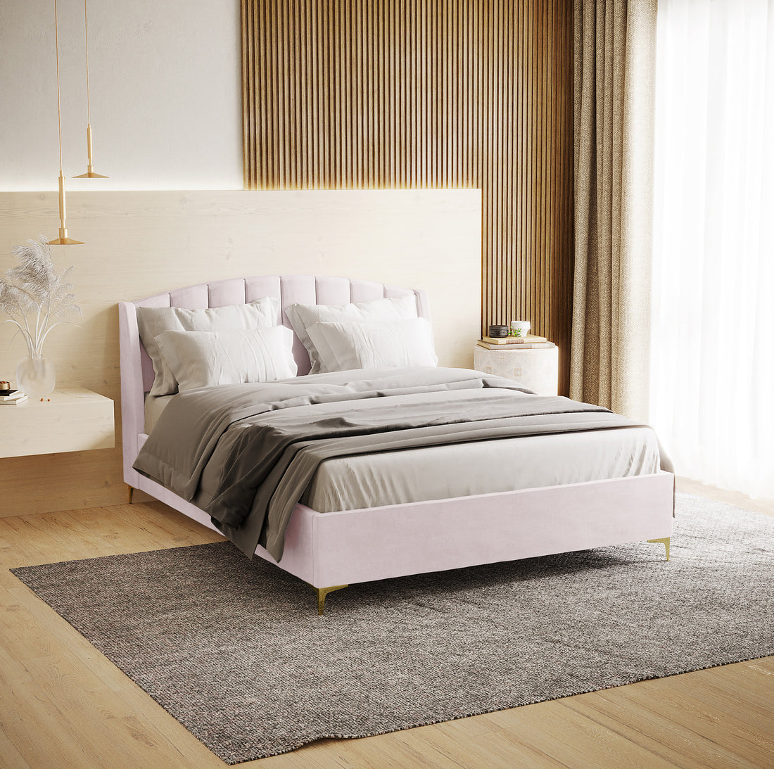 Lyra Velvet Bed Frame with Winged Headboard - Soft Pink Double, featuring a tufted headboard, neutral linens, and gold pendant lamps, creates a luxurious, serene bedroom setting.