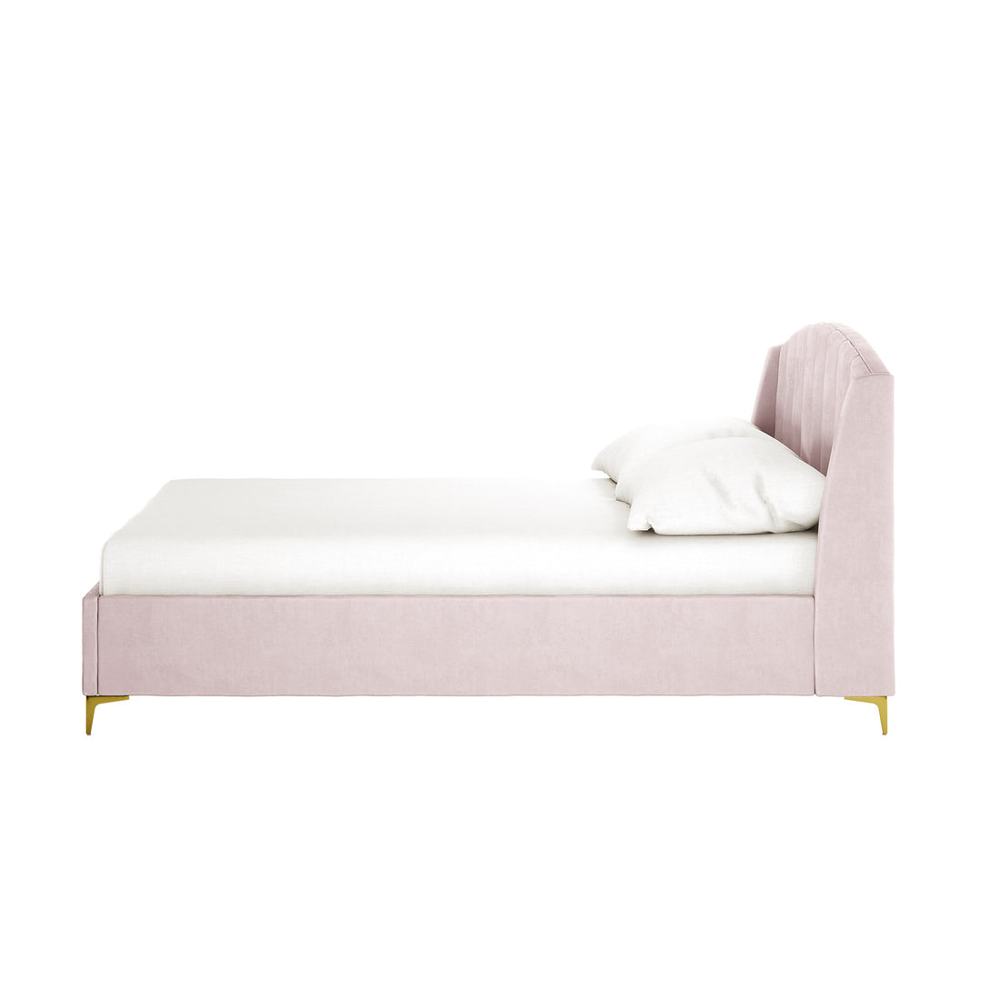 Lyra Velvet Bed Frame with Winged Headboard - Soft Pink Double, featuring blush velvet upholstery, gently curved channel-tufted headboard, white mattress, pillow, and slender gold-tone legs.