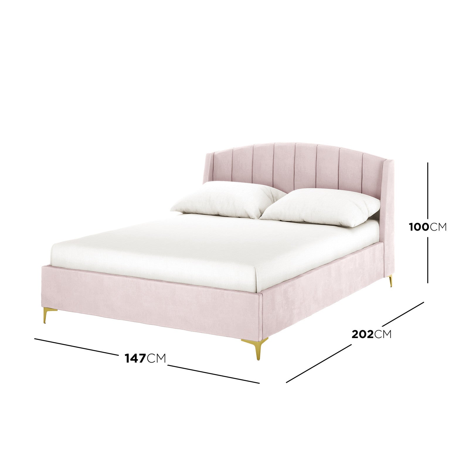 Lyra Velvet Bed Frame with Winged Headboard - Soft Pink Double features a blush-pink velvet finish, vertically channeled headboard, white mattress and pillows, and gold-tone metal legs. Dimensions: 147cm width, 202cm depth, 100cm height.