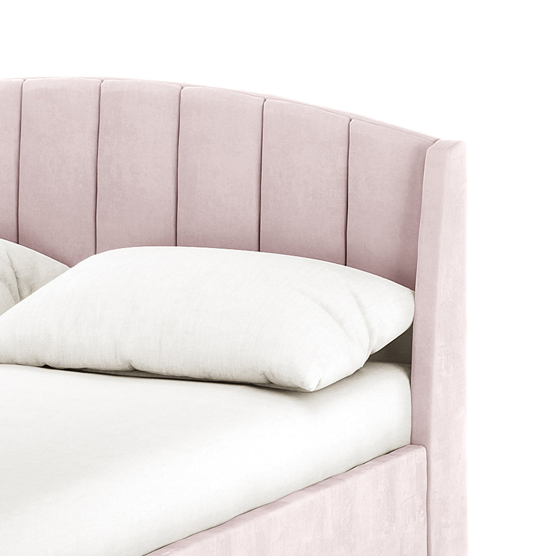 Lyra Velvet Bed Frame with Winged Headboard - Soft Pink Double features a blush-pink, vertically channeled headboard, dressed in plain white bedding, showcasing its elegant and inviting design.