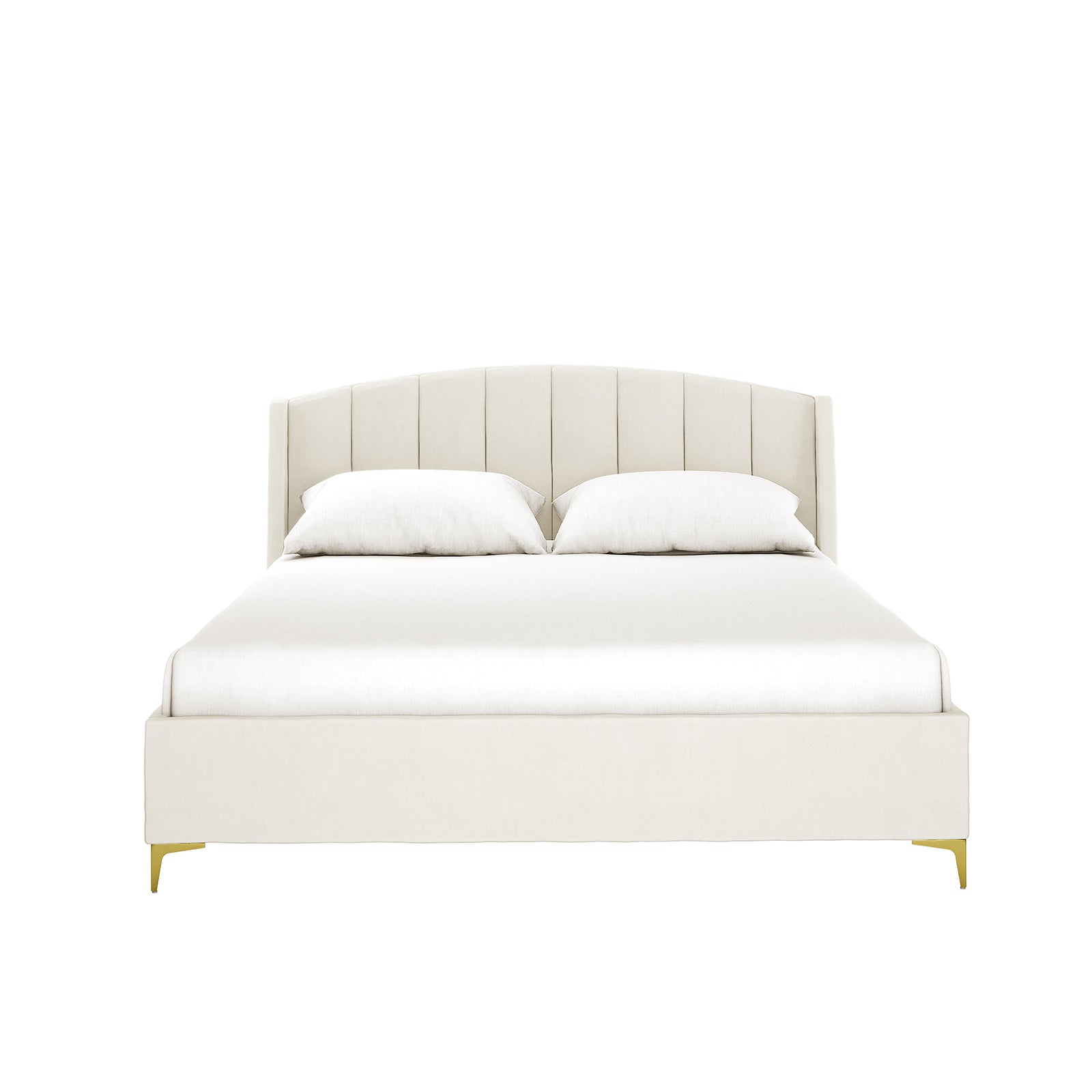Lyra Velvet Bed Frame with Winged Headboard - Cream White Queen, featuring a tufted, padded headboard and gold chrome legs, offering a luxurious and modern touch to your bedroom.