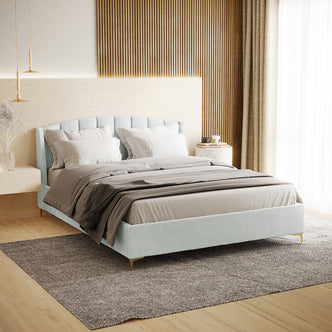 Lyra Velvet Bed Frame with Winged Headboard - Light Grey Queen