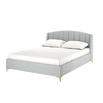 Lyra Velvet Bed Frame with Winged Headboard - Light Grey Queen