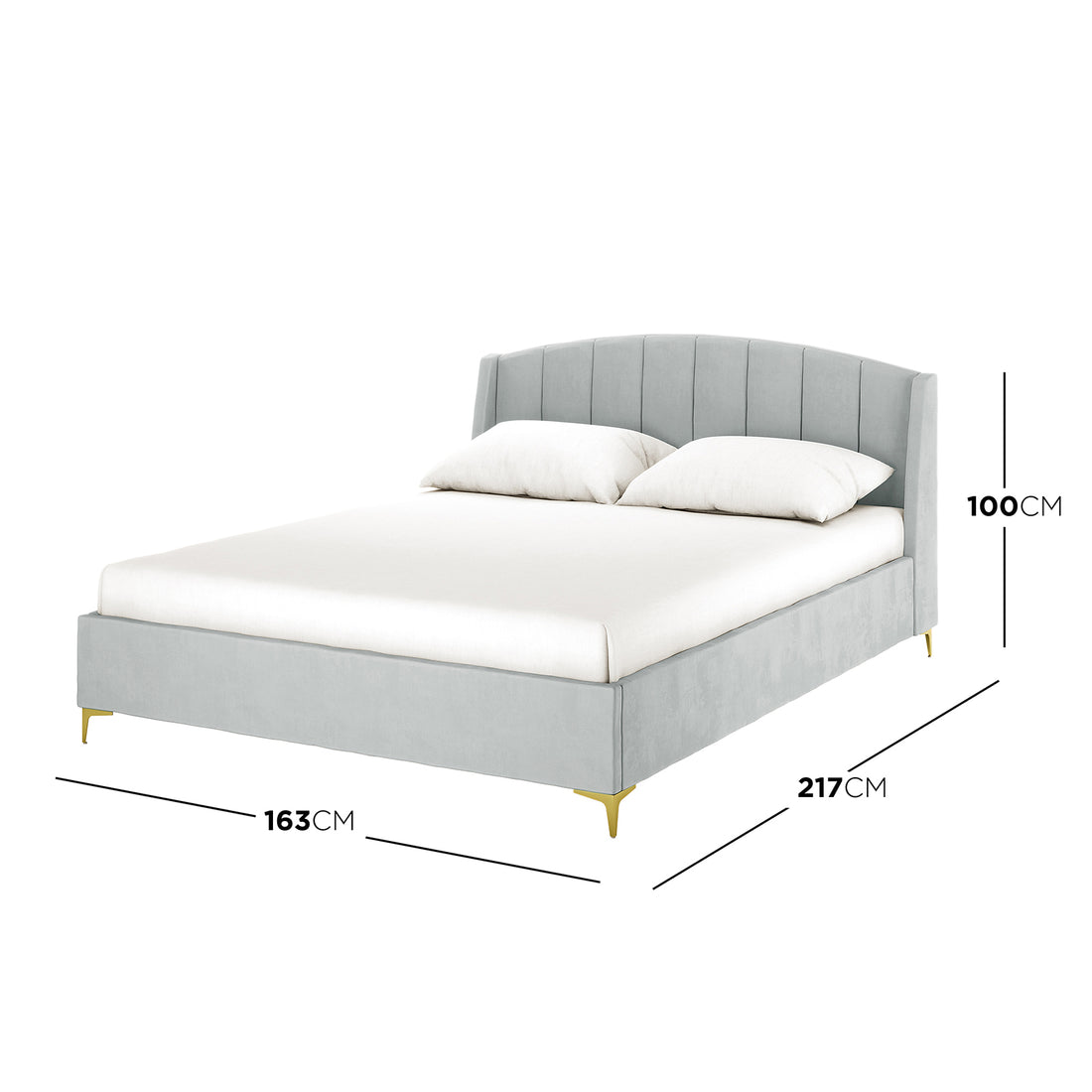 Lyra light grey velvet queen bed frame with winged headboard, gold legs, 163cm wide, 217cm long, 100cm high
