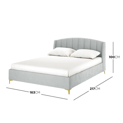Lyra light grey velvet queen bed frame with winged headboard, gold legs, 163cm wide, 217cm long, 100cm high