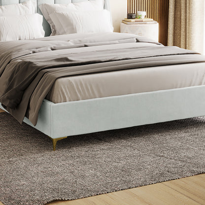 Lyra light grey queen bed frame with winged headboard, velvet upholstery, gold legs