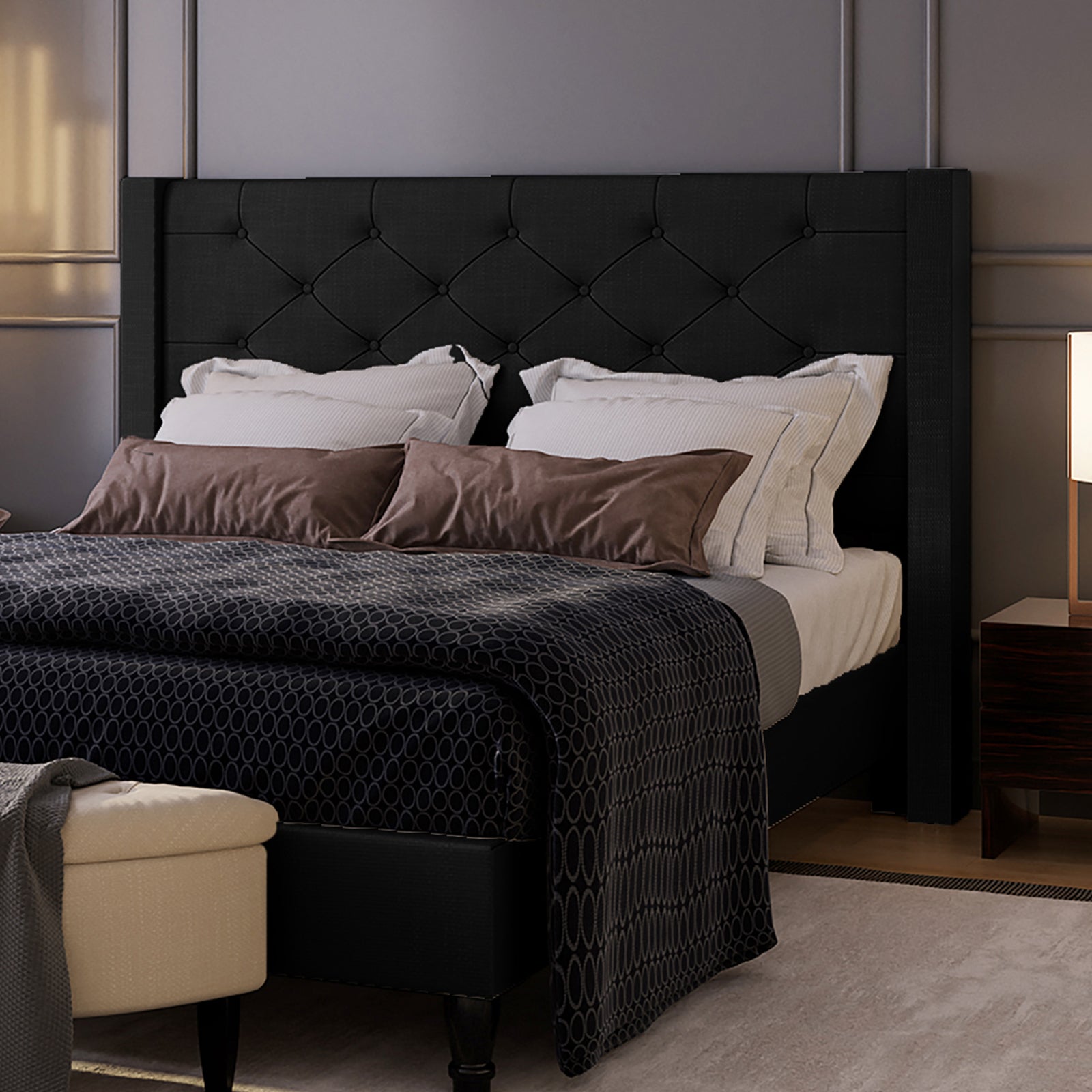 Maggie Queen Winged Fabric Bed Frame – Black, featuring a plush, deep-buttoned Chesterfield headboard. The bed's sophisticated design showcases premium black upholstery and solid construction, emphasizing luxury and durability.